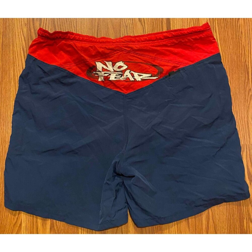 Vtg No Fear Swim Trunks Mens L Blue Red Beach Board Shorts Y2K